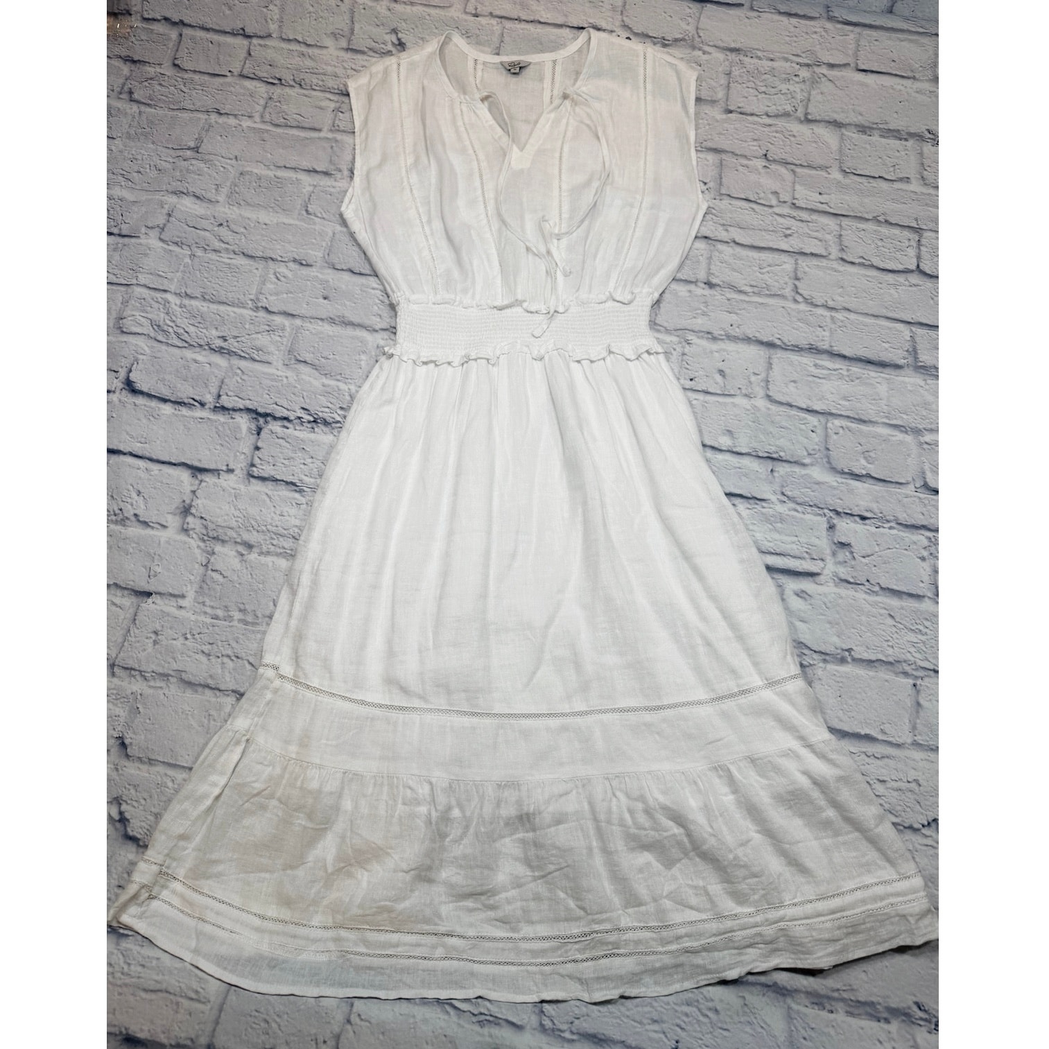 Rails Ashlyn White Midi Dress Linen Lace Detail Smocked Elastic Waist Sz M A599
